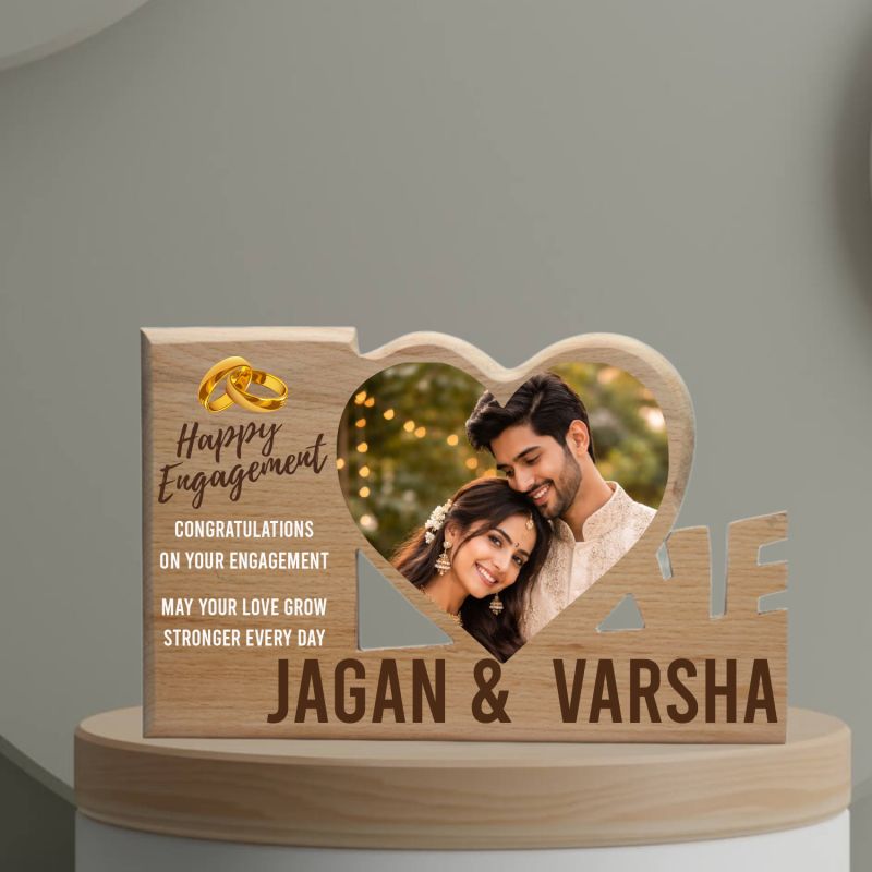 Gift Me Bazar Personalized Happy Engagement Wooden Plaque Customized Couple’s Photo Frame with Names & Heart Cutout  Romantic Engagement Gift for Wife, Husband, or Fiancé